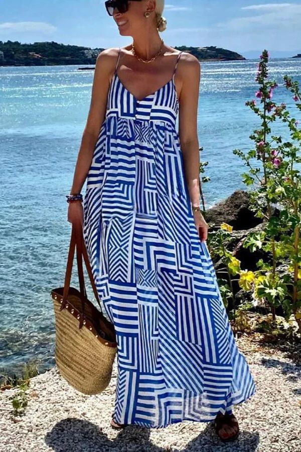 Sunday Blues Irregular Lines Print Suspender Vacation Loose Maxi Dress