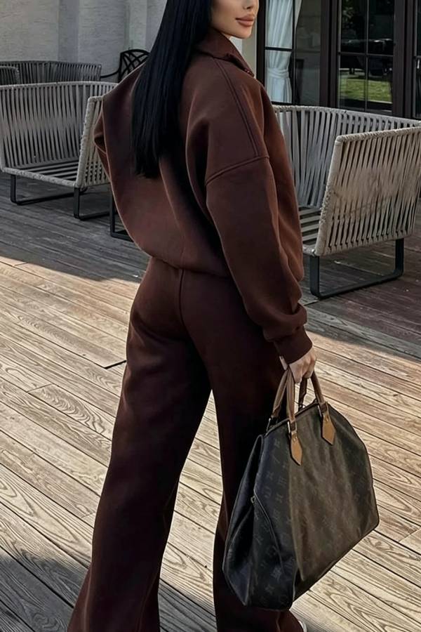 Stylish Half-open Zipper Pullover Sweatshirt and Elastic Waist Wide Leg Pants Set