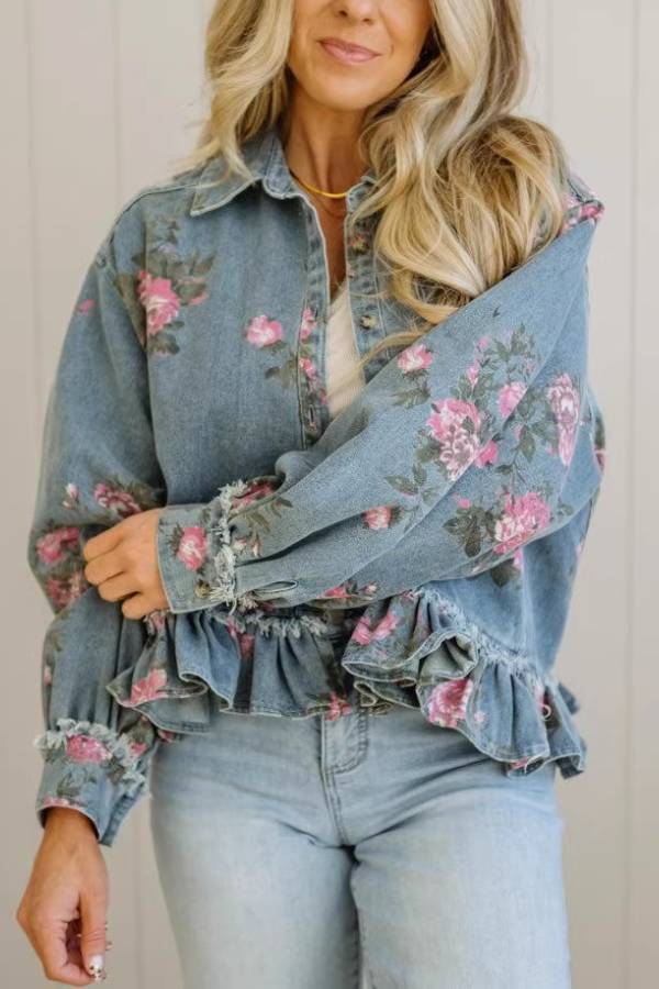Vintage Floral Print Fringe Ruffle Denim Jacket
