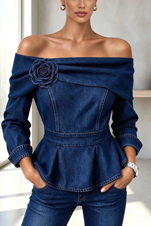 Off-Shoulder Denim Peplum Top with Rose Applique