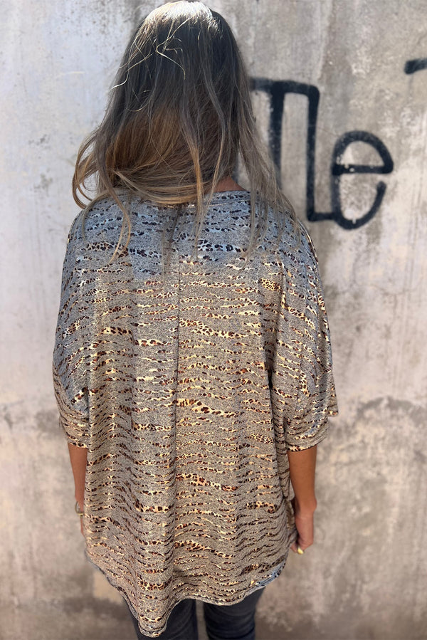 Gray Leopard Print 3/4 Sleeve V Neck Loose Fit T Shirt