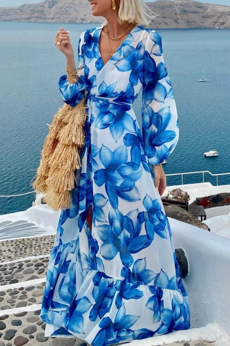 Island Girl Floral Print V-neck Long Sleeve Tie Slit Holiday Maxi Dress