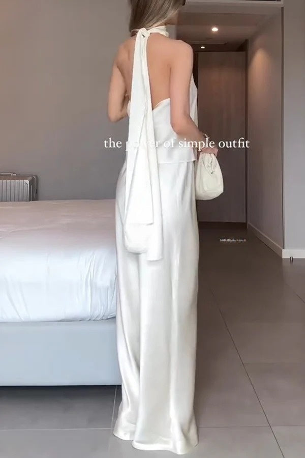 Modern Day Glam Satin Halter Tie-up Tank and Elastic Waist Wide Leg Pants Set