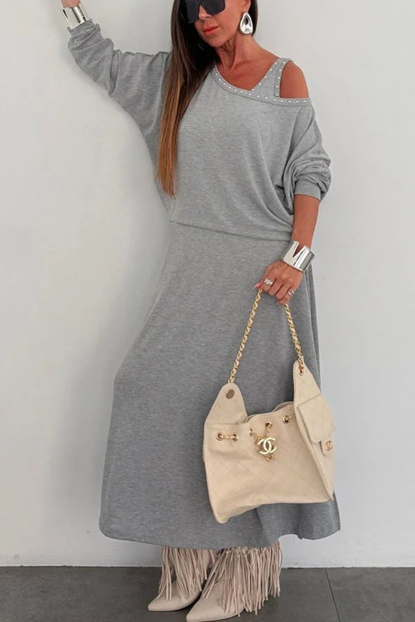 Samara Modal Beaded Detail Batwing Sleeves Loose Top and Tank Slit Maxi Dress Two Pieces Set