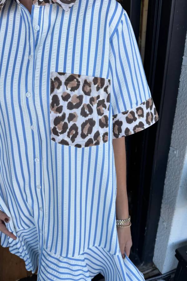 Women's Striped Animal Print Contrast Button Down Dress