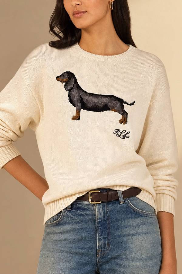 Vintage Dachshund Jacquard Crew Neck Knit Sweater