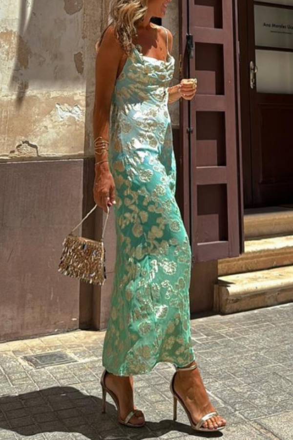 Tie Dye Ombre Gold Floral Print Sexy Strappy Maxi Dress