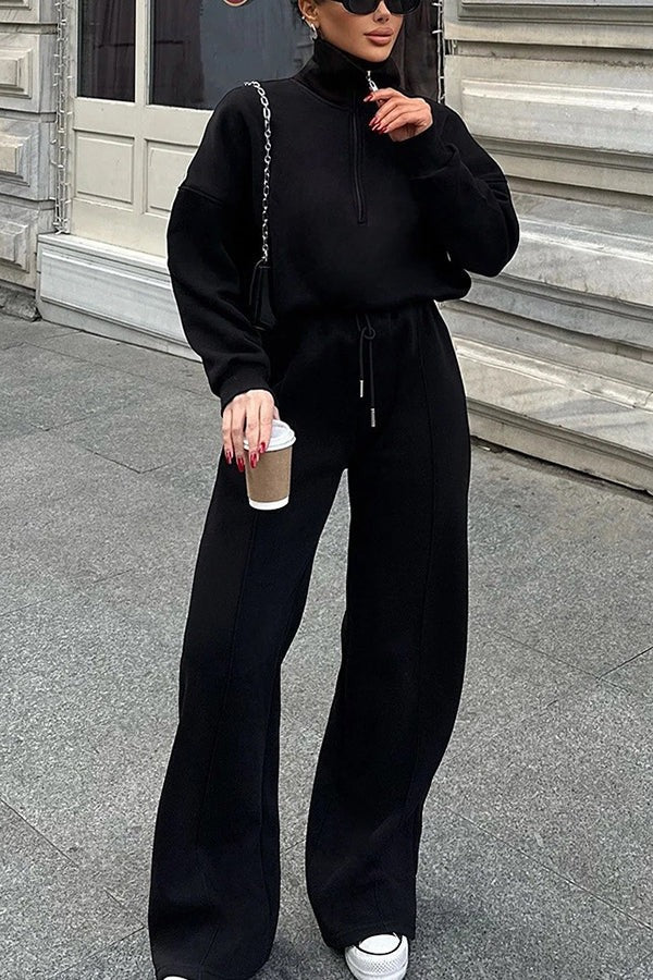 Stylish Half-open Zipper Pullover Sweatshirt and Elastic Waist Wide Leg Pants Set