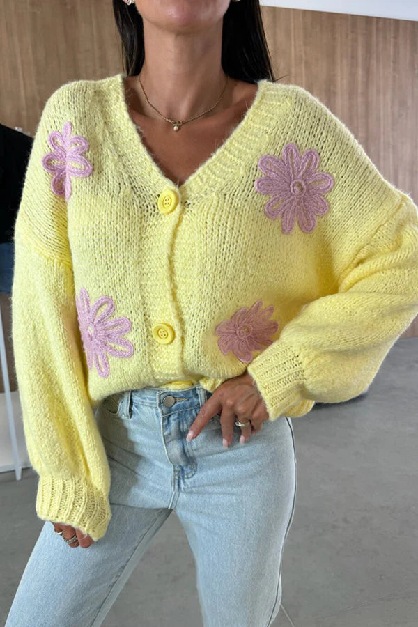 Embroidered Floral V-neck Long-sleeved Button-knit Cardigan