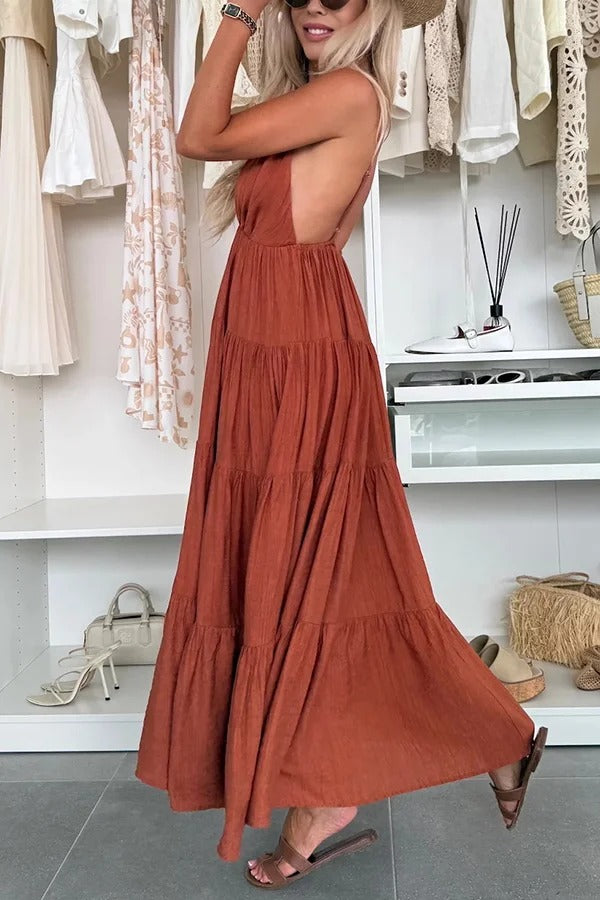 Bohemian Style V-neck Backless Slip Layered Vacation Maxi Dress