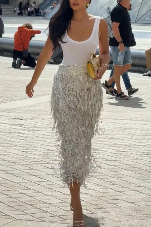 Evening Charm Layered Sequined Tassels High Rise Back Zipper Slit Midi Skirt