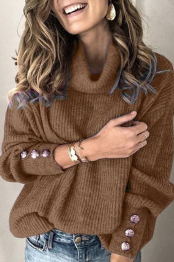 High-neck button-decorated loose knit sweater
