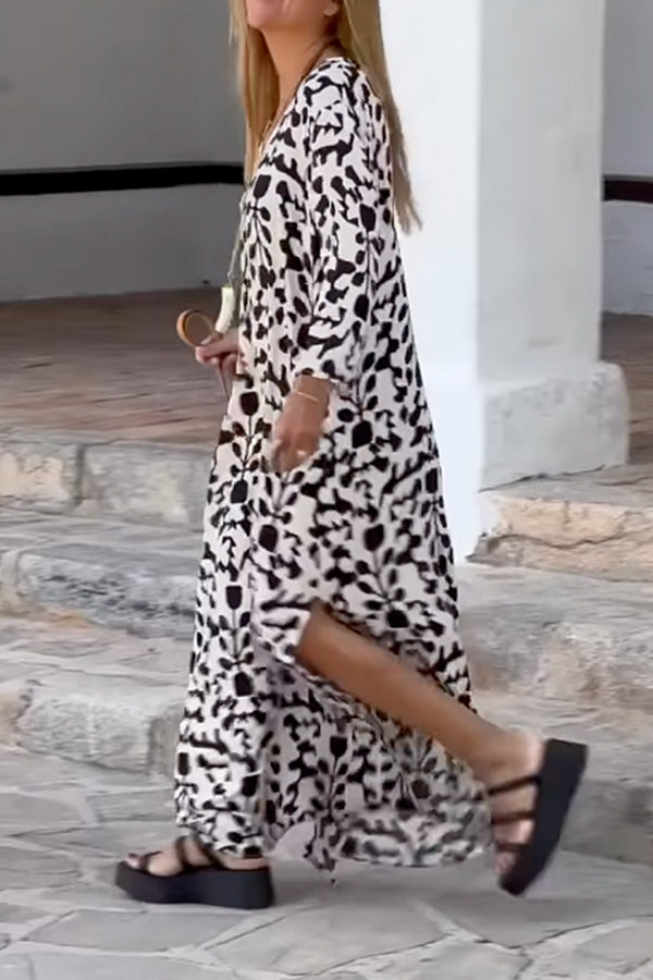 Ibiza Fashion Print Loose V Neck Long Sleeve Long Dress