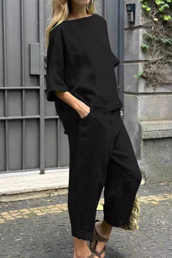 Solid Washed Linen Loose Two Piece Set Boat Neck Midi Sleeve Cropped Top 7/8 Wide Leg Pants Vacation Co-Ord