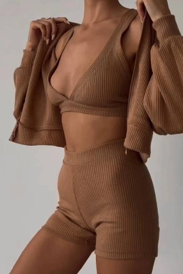Daily Casual Zip-up Shirt and Shorts Three-piece Set
