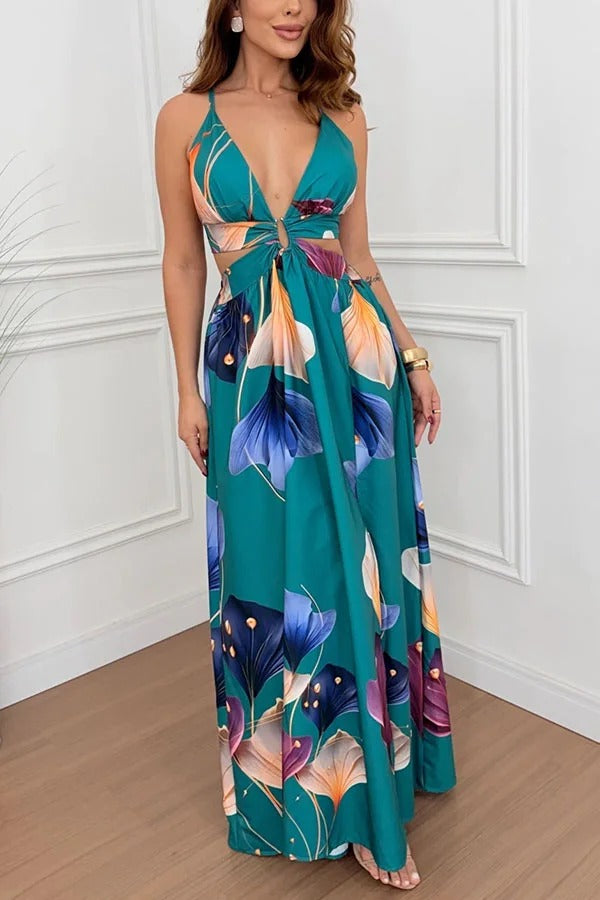 Seinah Floral Print Cutout Waist Open Back Lace-up Slit Maxi Dress