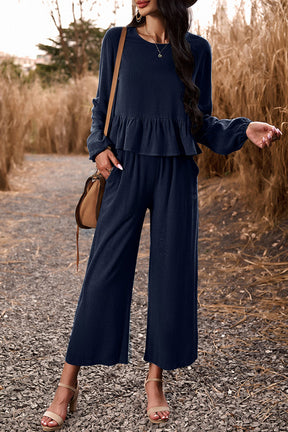 Temperament casual suit solid color long-sleeved top loose trousers
