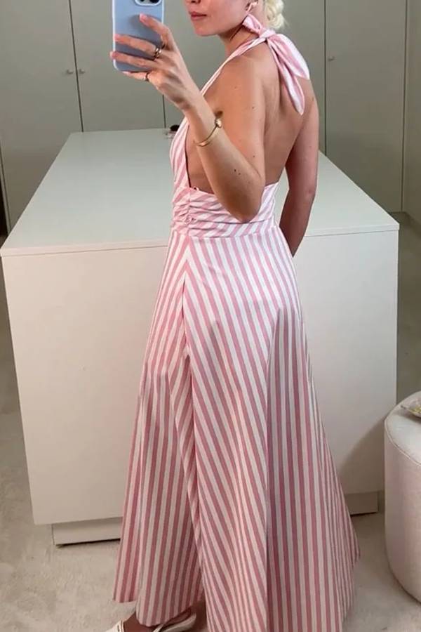 Pink V-neck striped backless dress