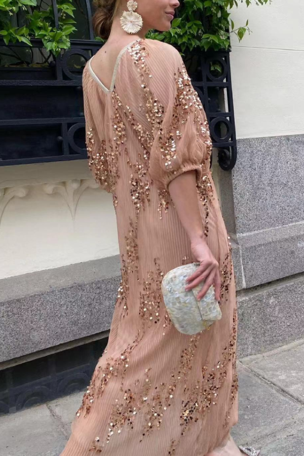 Batwing Sleeve Sequined Deep V Neck Long Dress