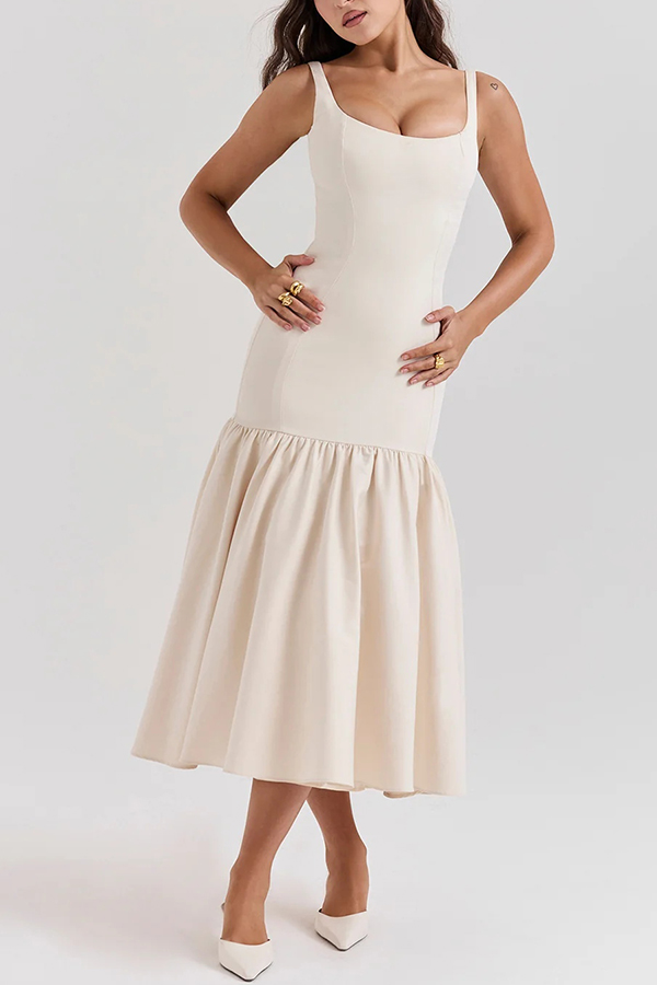Graceful Silhouette Square Neck Wide Strap Drop Waist Midi Dress