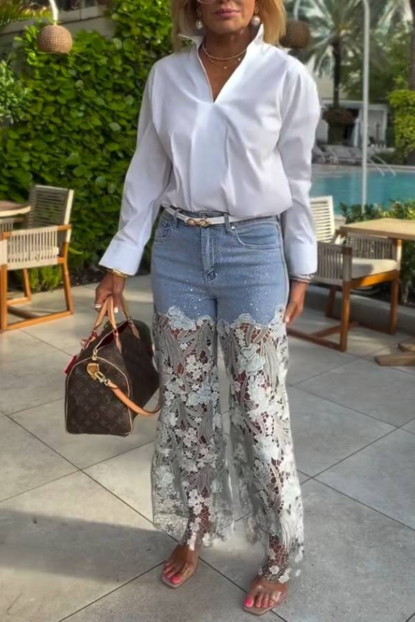 High Waist Rhinestone Hollow Lace Spliced Denim Flare Jeans