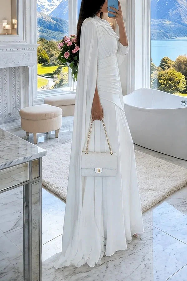 Luxury Cape Sleeve V-Neck Pleated Maxi Dress