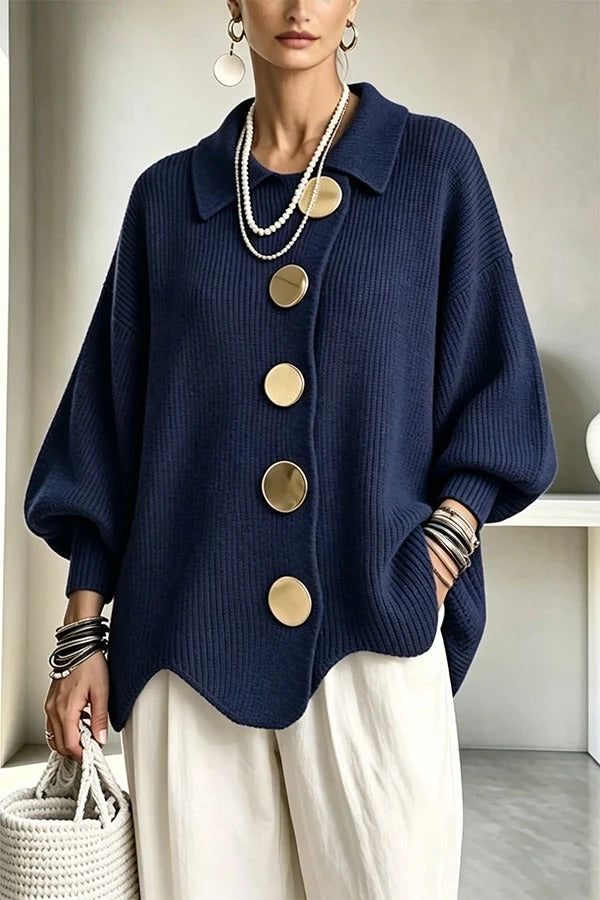 Shelia Knit Oversized Metal Buckle Balloon Sleeve Lapel Cardigan