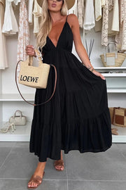 Bohemian Style V-neck Backless Slip Layered Vacation Maxi Dress