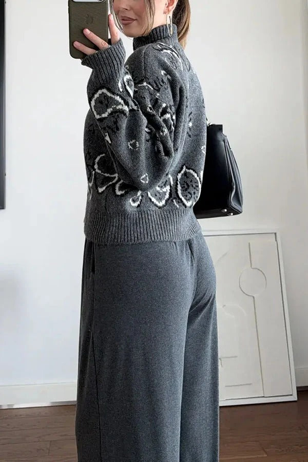 Bandana Knit Printed High Neck Long Sleeve Zipper Relaxed Cardigan