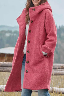 Casual Loose Solid Color Hooded Single-breasted Woolen Coat