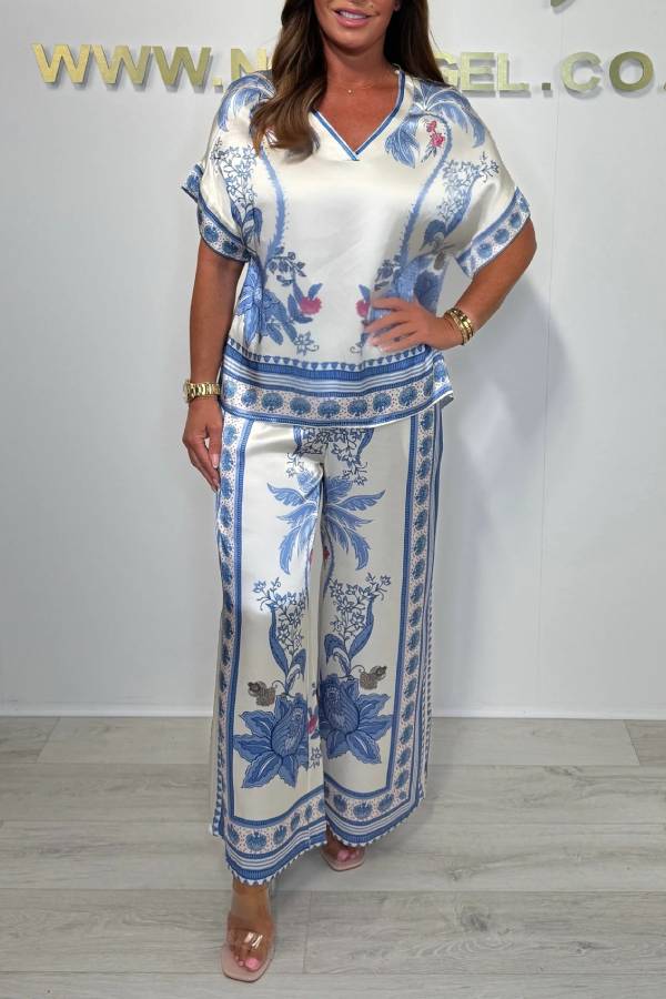 V-neck Short Sleeve Botanical Print Satin Wide-Leg Pants Set