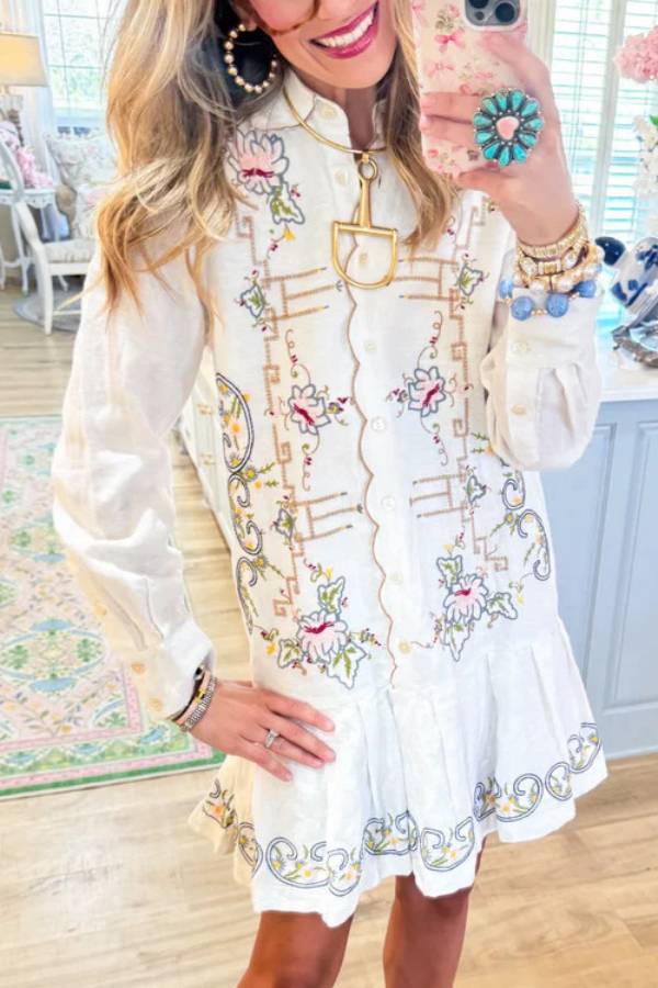 Vintage Floral Embroidered Shirt Mini Dress