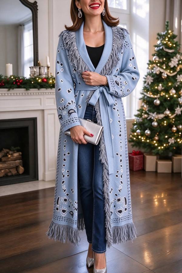 Lennie Bandana Knit Printed Fringe Shawl Collar Long Sleeve Belted Duster Cardigan