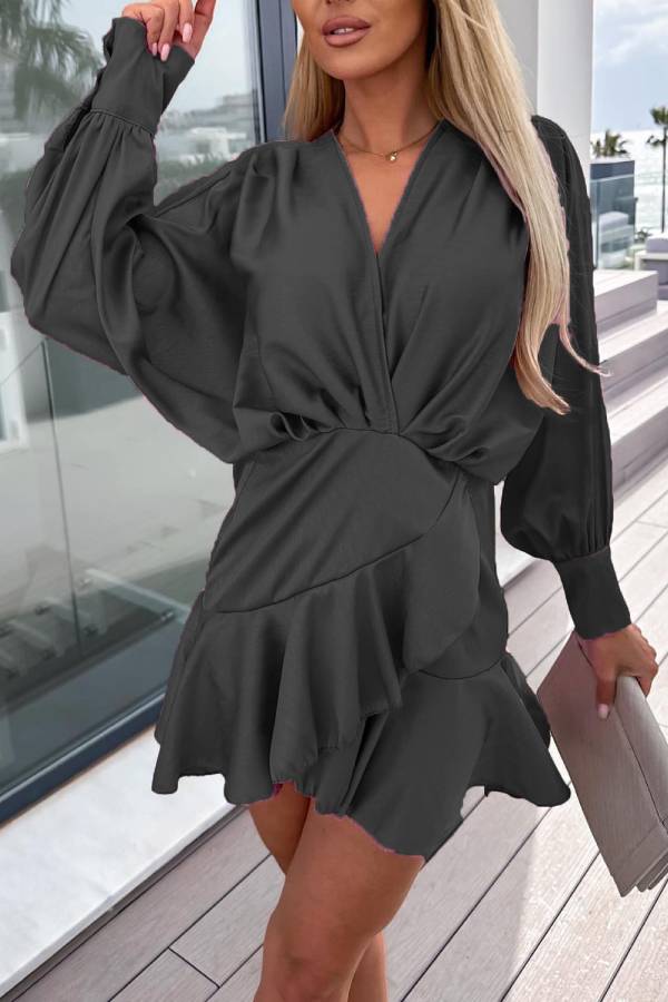Waist V-neck solid color satin dress