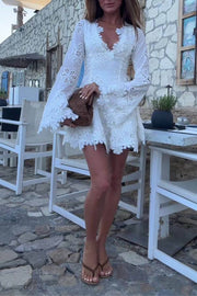 Diaz Embroidery Hollow Fabric Delicate Flower Trim Long Sleeve Side Lace-up Mini Dress
