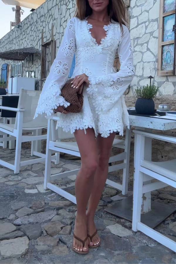 Diaz Embroidery Hollow Fabric Delicate Flower Trim Long Sleeve Side Lace-up Mini Dress