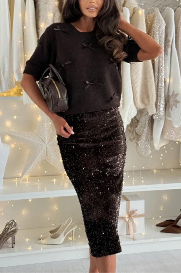 Light The Night Knit Satin Bow Detail Short Puff Sleeve Sweater