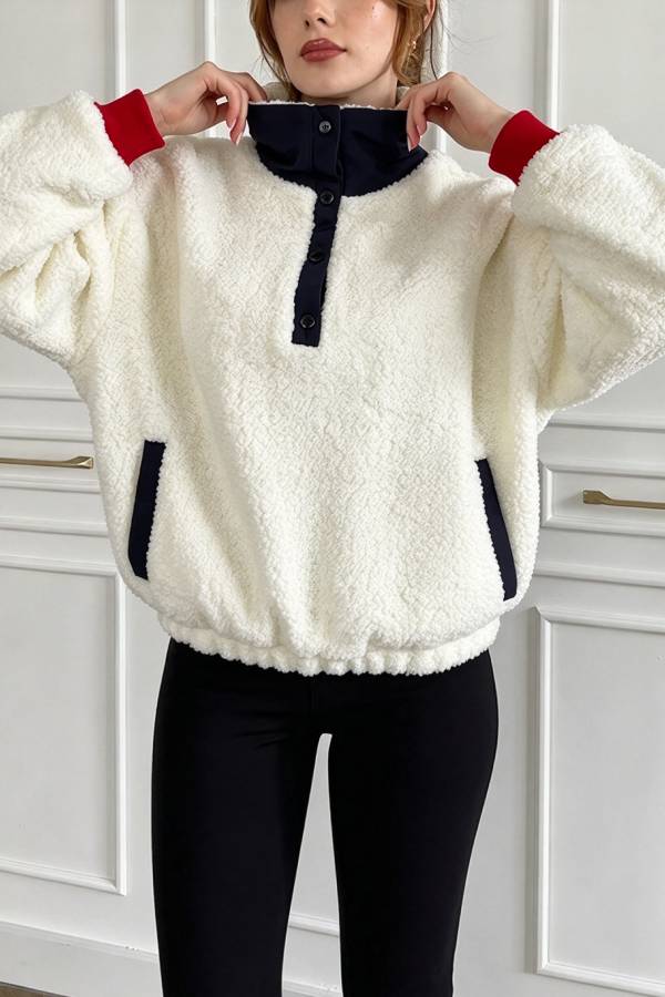 Christmas Reindeer Print Colorblock Trim High-Pile Fleece Zipper Half Neck Long Sleeve Pocket Sweatshirts