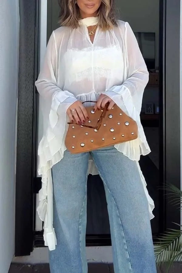 Flowy See-through Ruffle Tie-up Neck Bell Sleeve High-low Hem Cape Shirt