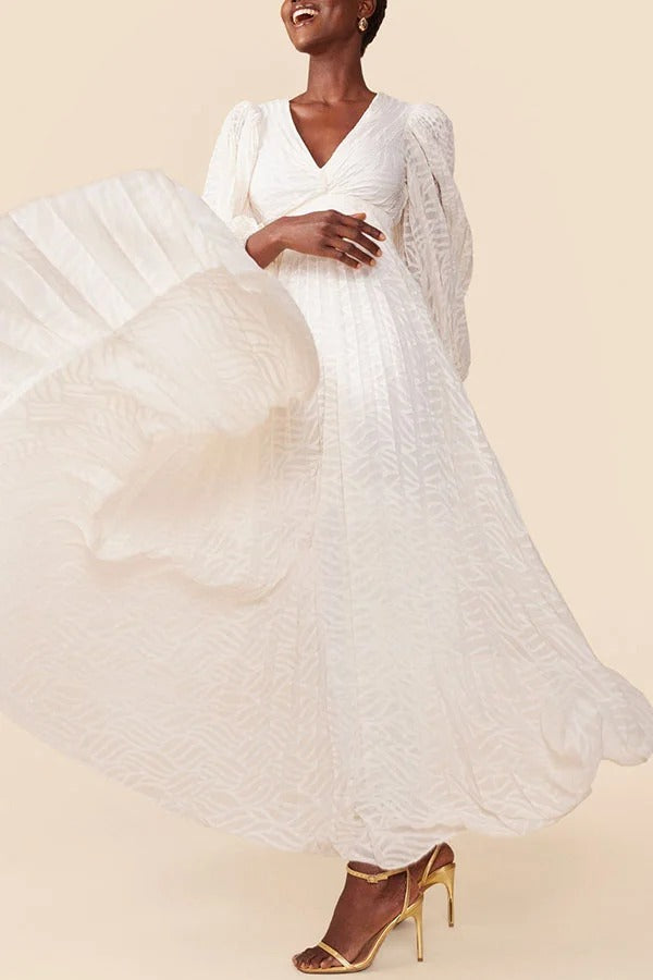Wedding Guests Pleated Textured Chiffon Fabric Balloon Sleeve Open Back Maxi Dress