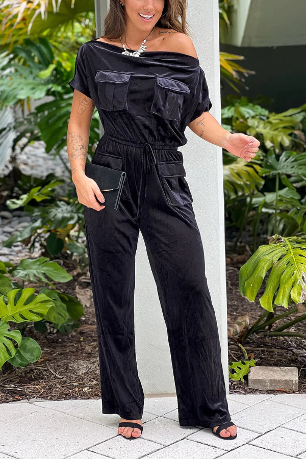 BLACK OFF SHOULDER VELVET JUMPSUIT