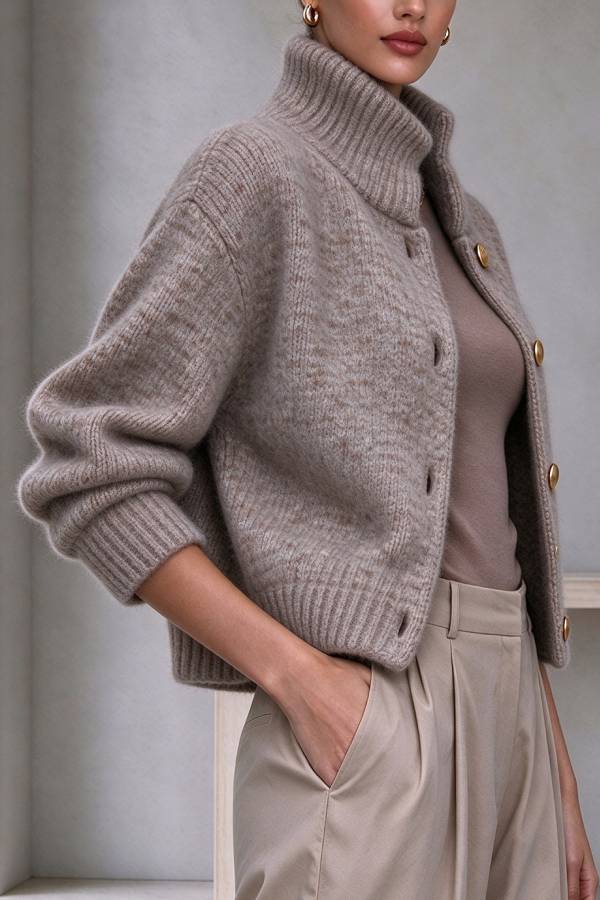 Kylien Knit High Neck Metal Button Long Sleeve Crop Jacket Cardigan