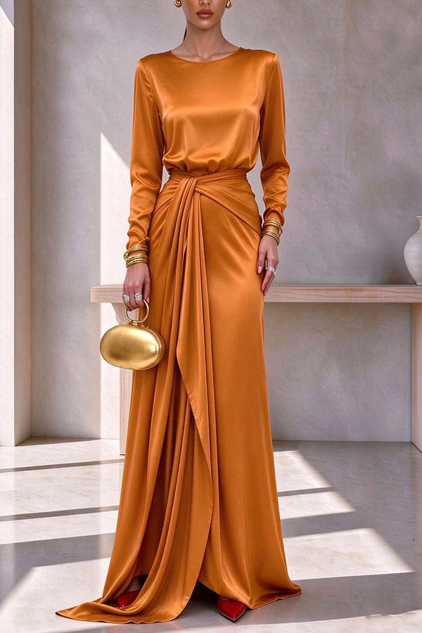 Luna Satin Long Sleeve Top and High Rise Tie-up Waist Slit Maxi Skirt Set