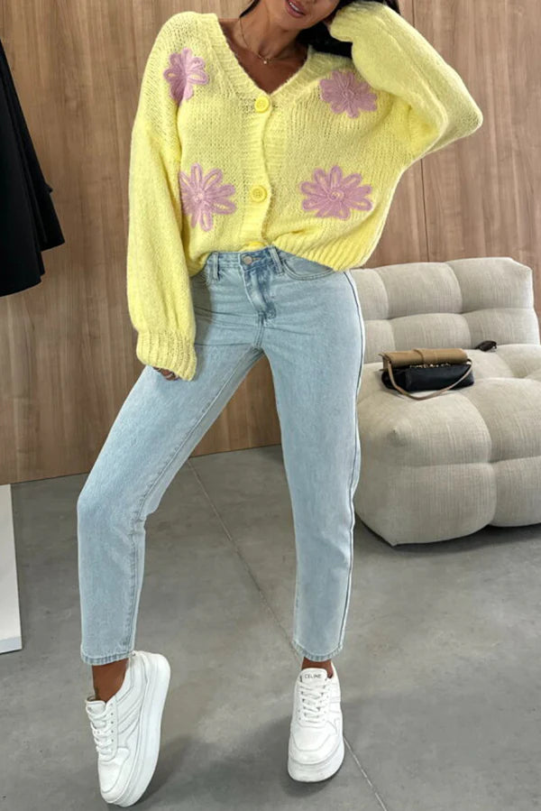 Embroidered Floral V-neck Long-sleeved Button-knit Cardigan