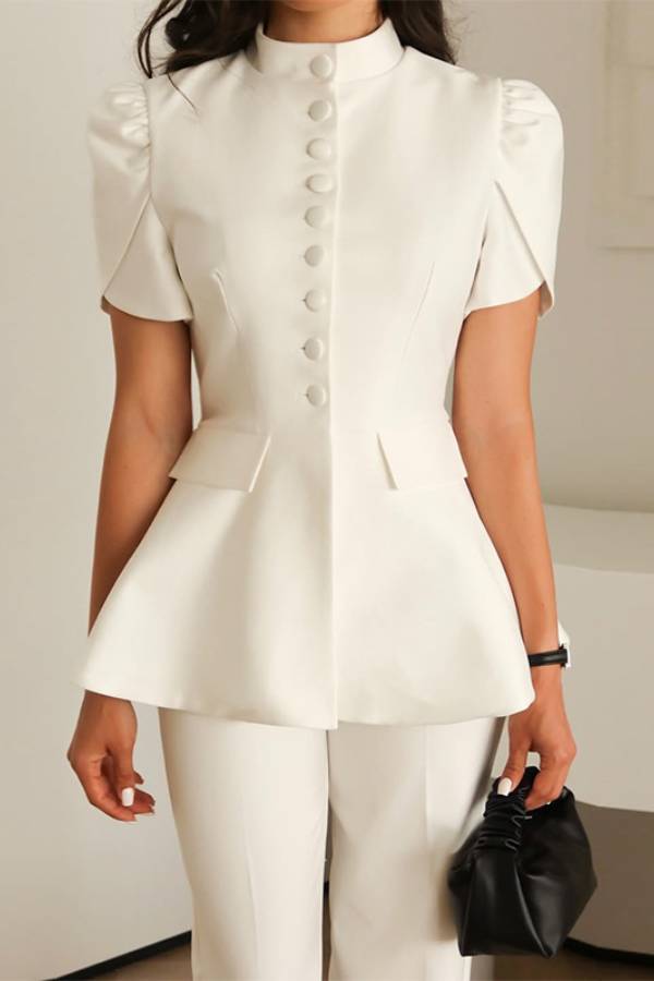 Stand Collar Puff Sleeve Peplum Top