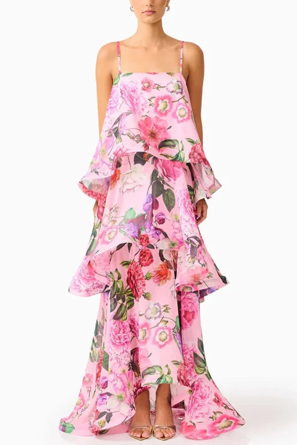 Armani Georgette Fabric Floral Print Tiered Slip Square Neck A-line Maxi Dress