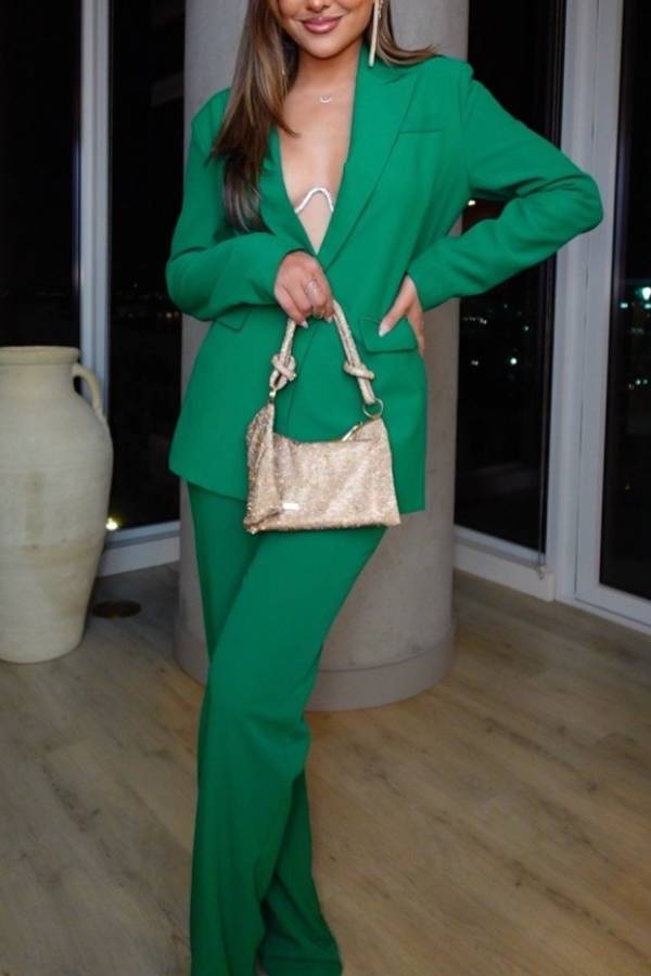 Luxe Lifestyle Single Button Lapel Blazer and Elastic Waist Pocketed Straight Suit Pants Set