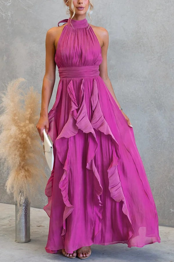 Coral Textured Metallic Chiffon Material High Tie Neck Ruffles Maxi Dress