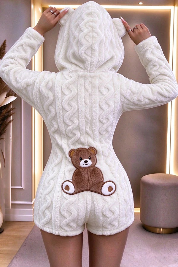 Relaxed and Cozy Teddy Bear Long Sleeve Zipper Hooded Lounge Romper