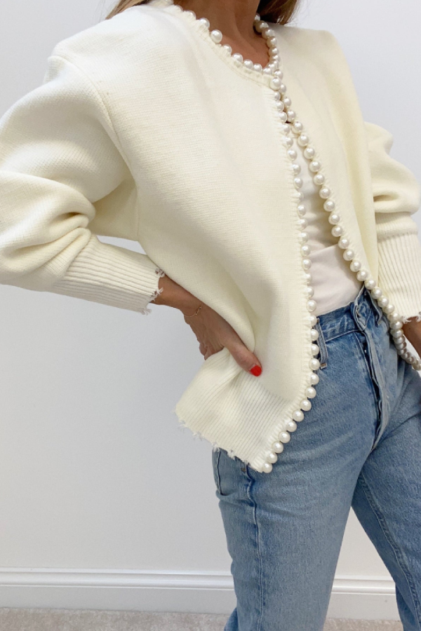 Pearl Trim Ripped Hem Cardigan